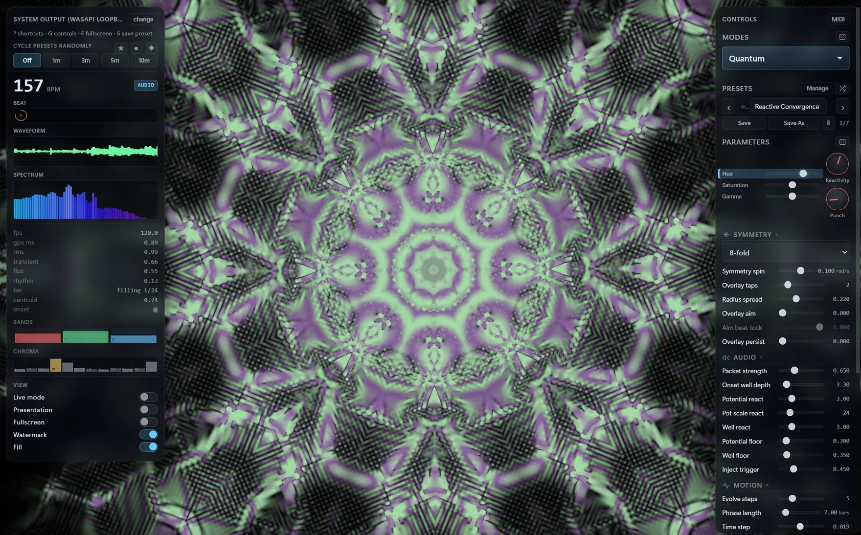 The Lumoi desktop app: a HUD with tempo, waveform and spectrum; the live visual, an eight-fold kaleidoscope in green and violet; and a controls panel with the mode, presets, symmetry and parameters