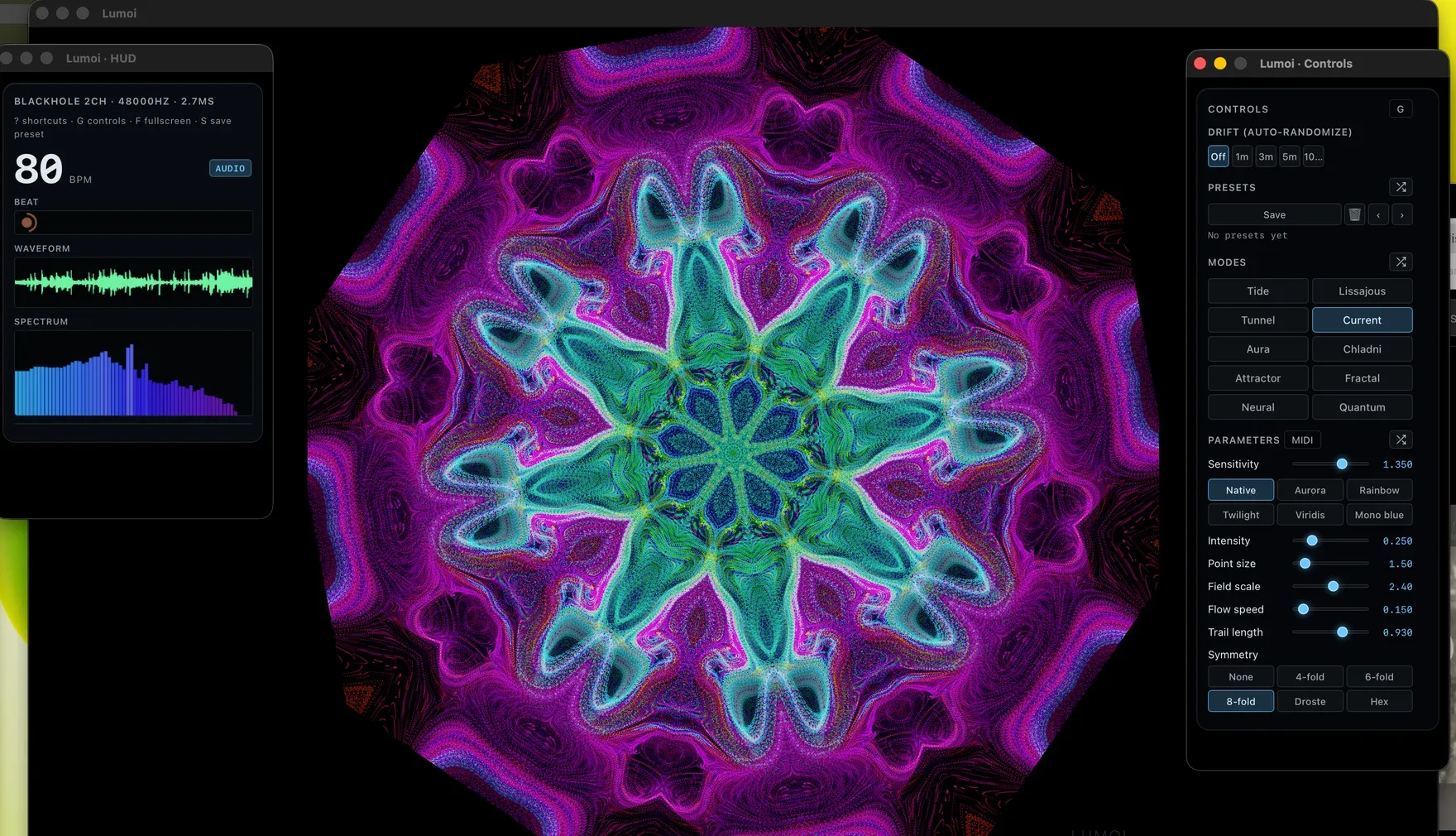 The Lumoi desktop app: a HUD with tempo, waveform and spectrum; the live visual; and a controls panel with modes, palettes and symmetry